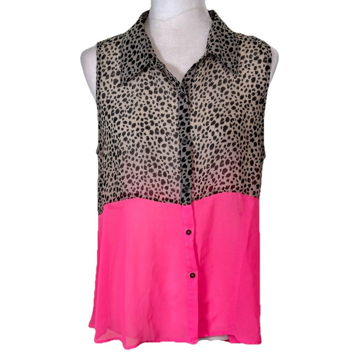 Women’s Neon Pink Colorblock Leopard Print Sleeveless Chiffon Blouse Size Xl